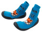 Zwei blaue Socken mit Tigermuster und rutschfesten Sohlen.