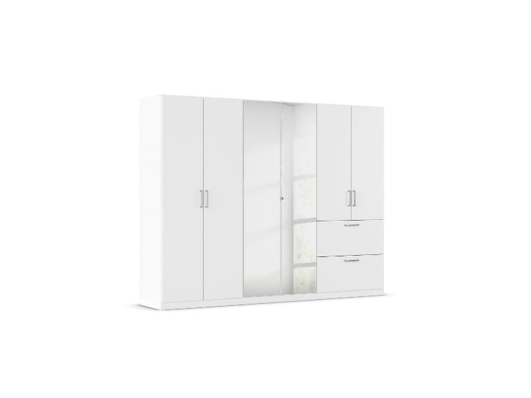 Weißer Kleiderschrank mit sechs Türen, einem Spiegel und zwei Schubladen