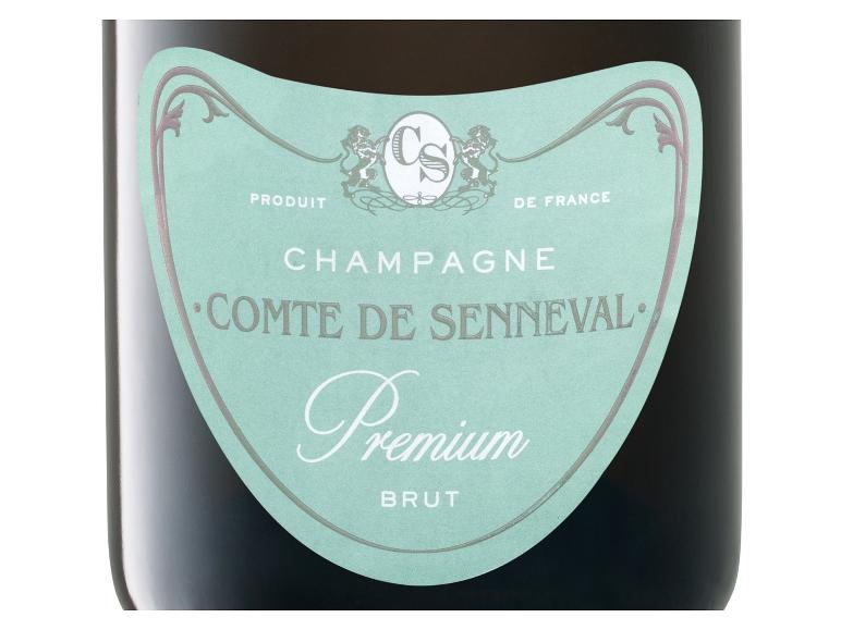 Champagner Comte de Senneval Premium Brut, mintgrünes Etikett mit goldenen Details