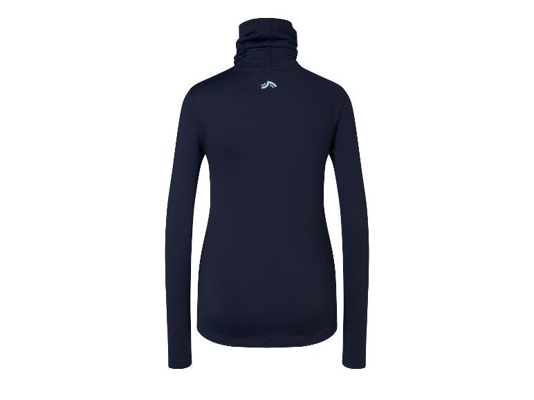 Dunkelblaues Langarmshirt mit Rollkragen und hellblauem Logo auf dem Rücken.