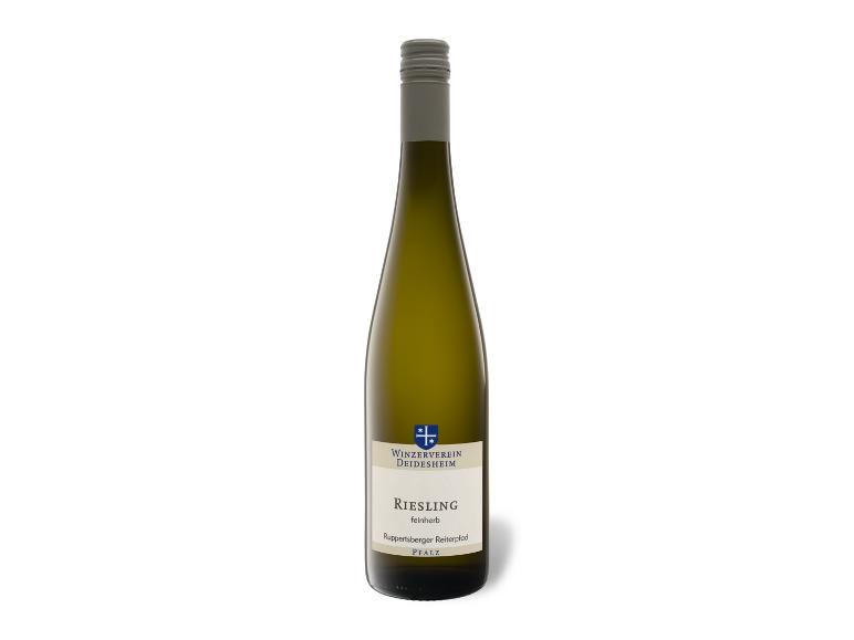 Flasche Weißwein Riesling Winzerverein Deidesheim mit weißem Etikett und grauem Verschluss.