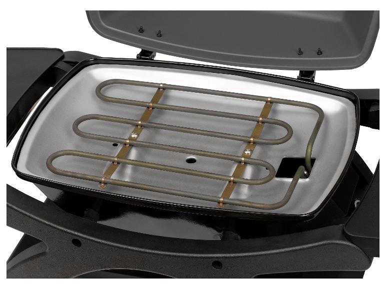 Innenansicht eines Elektrogrills mit sichtbarer Heizspirale und Metallschale.