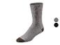 Eine einzelne graue Socke mit dunkelbrauner Ferse und Spitze, mit Farbmustern.