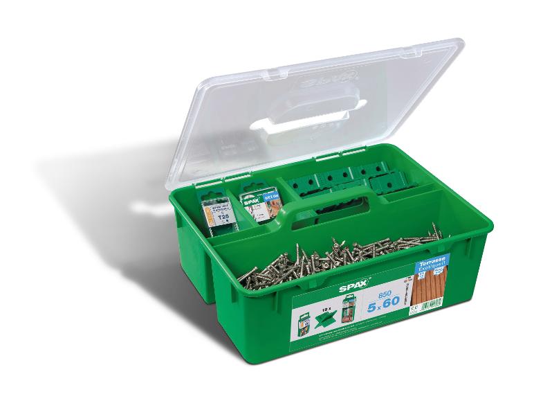 Terrassenschrauben-Set mit Bits und Bohrer in grüner Box.