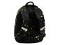 Schwarzer Schulrucksack mit gelben Sternenmuster, Rückansicht mit gepolsterten Trägern.