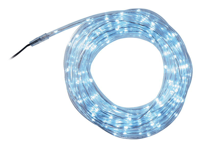 Aufgerollte weiße LED-Lichterkette auf schwarzem Hintergrund