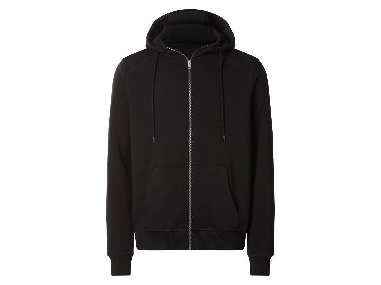 Schwarzer Kapuzenpullover mit durchgehendem Reißverschluss, Kapuze, Kordelzügen und Vordertaschen.