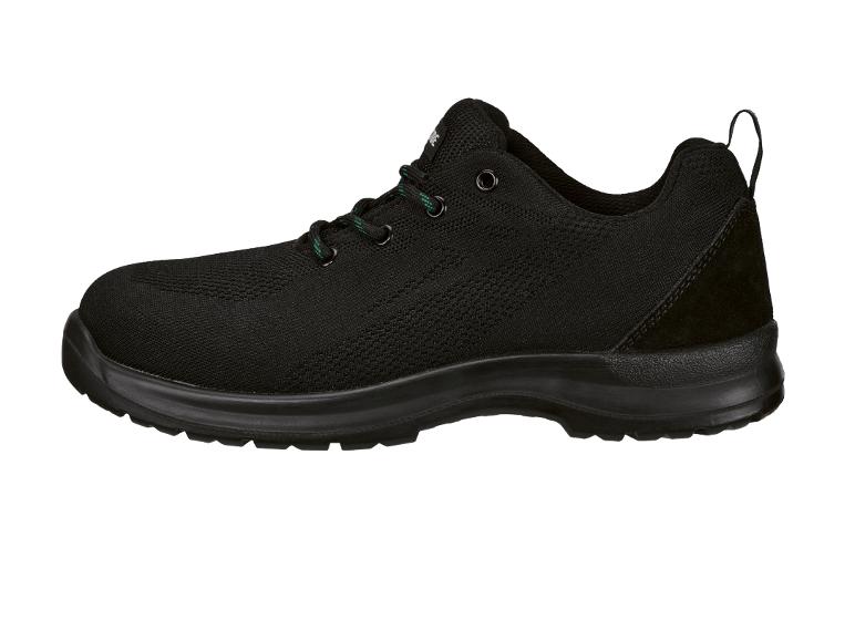 Schwarzer Sicherheitsschuh mit grünen Schnürsenkeln und strukturiertem Strickobermaterial.