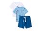 Weiße und blaue T-Shirts mit Dinosaurier-Print und blaue Shorts mit Kordelzug.