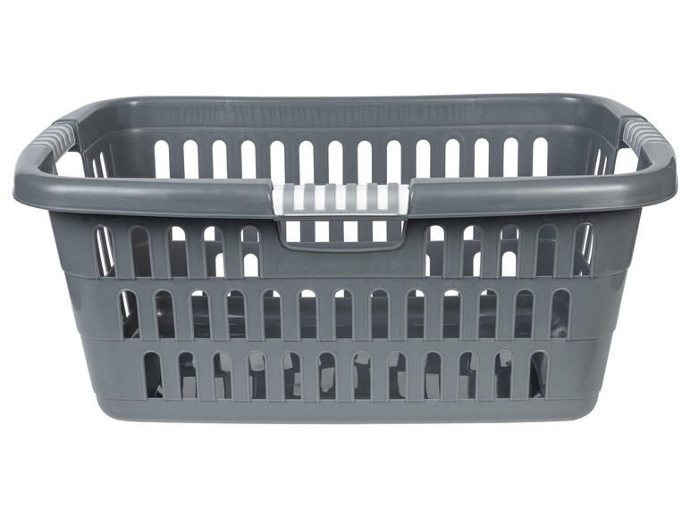 Ein grauer Wäschekorb aus Kunststoff mit Griffen.