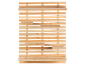 Holzregal mit horizontalen Latten und unterschiedlich großen Ablagen.