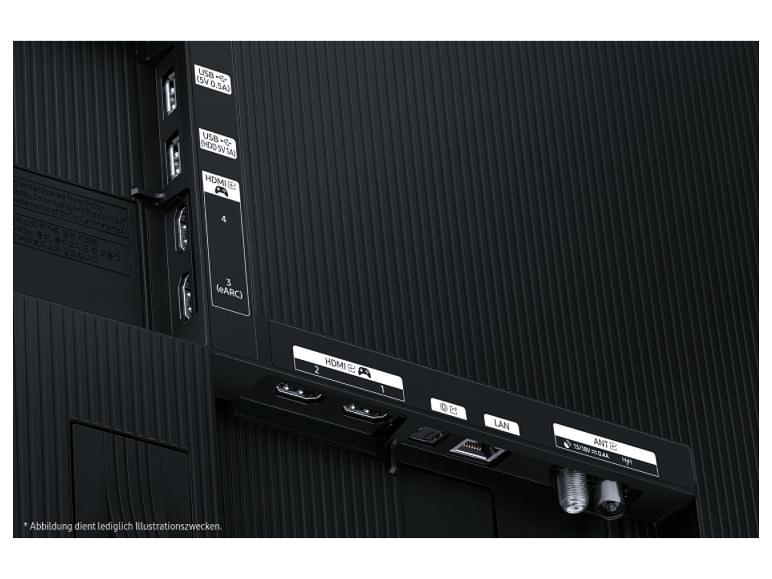 Rückseite eines Fernsehers mit verschiedenen Anschlüssen wie USB, HDMI, LAN und Antenne.