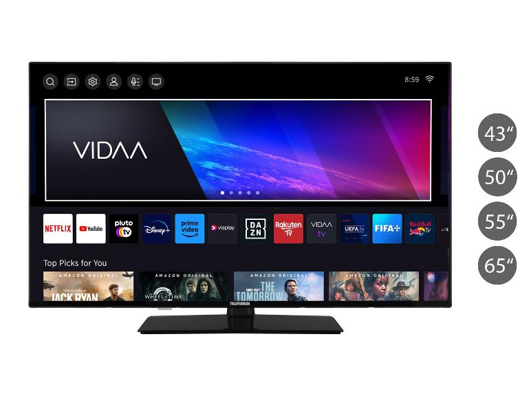 Ein Smart-TV mit der VIDAA-Benutzeroberfläche, Streaming-Apps wie Netflix und Prime Video sowie Größenoptionen.