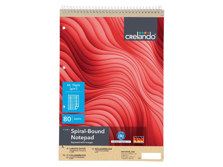 Roter Spiralblock A4, 80 Blatt, mit kariertem Papier und Randlinien.