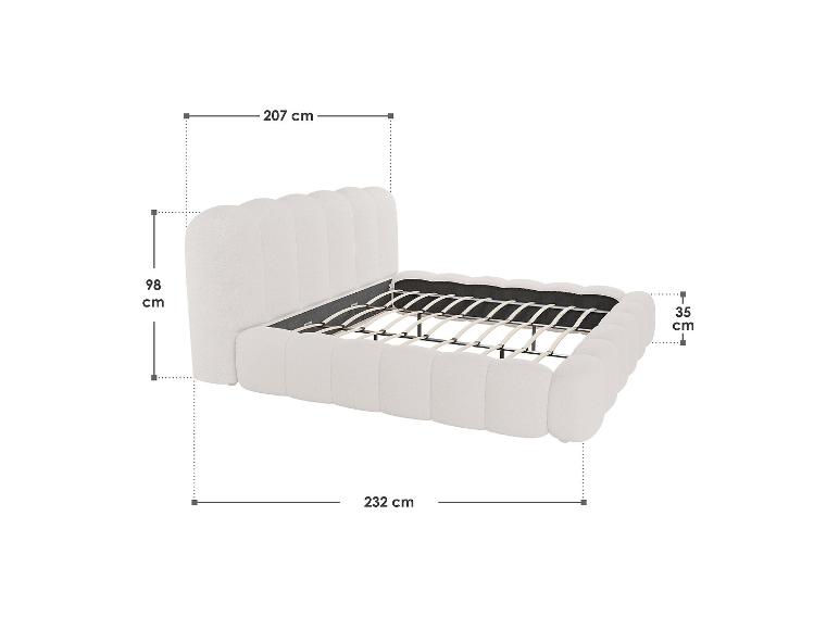 Weißes Bett mit gepolstertem Kopfteil und Untergestell, mit Maßen von 207 cm Breite, 98 cm Höhe und 232 cm Länge.