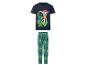 Kinderpyjama mit dunkelblauem T-Shirt mit Marshall und grüner Hose mit Dinosaurier-Print.