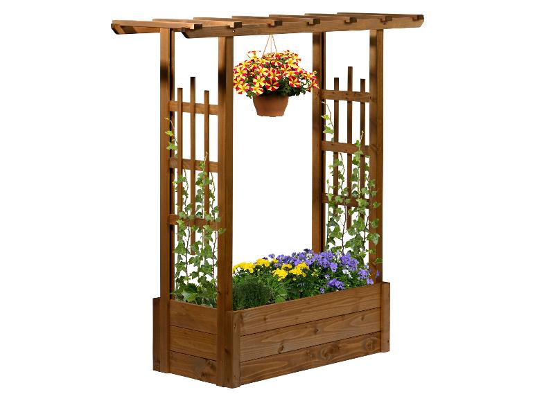Hölzerner Pflanzkasten mit Spalier, Kletterefeu und bunten Blumen