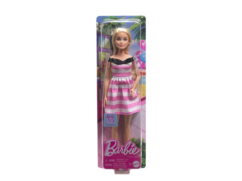 Barbie Puppe im rosafarbenen, gestreiften Kleid zum 65. Jubiläum.