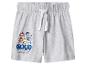 Hellgraue Kinder-Shorts mit Cartoon-Welpen-Print und dem Schriftzug „Good Pups“.