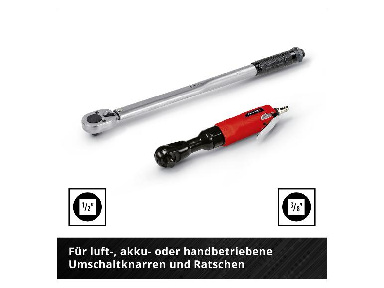 Drehmomentschlüssel und Druckluft-Ratsche mit 1/2' und 3/8' Aufsätzen, für verschiedene Ratschen.