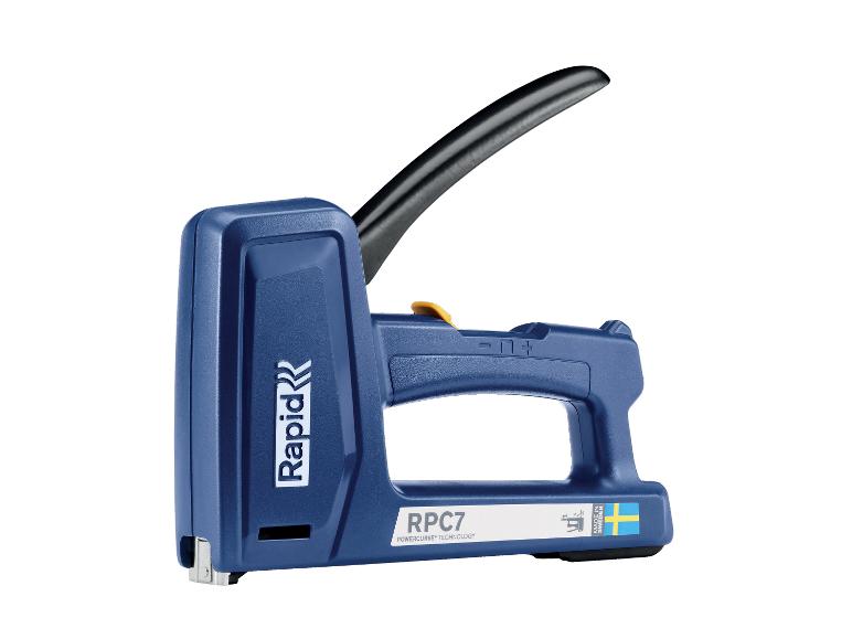 Blauer Rapid RPC7 Handtacker mit schwarzem Griff und schwedischem Flaggenlogo.