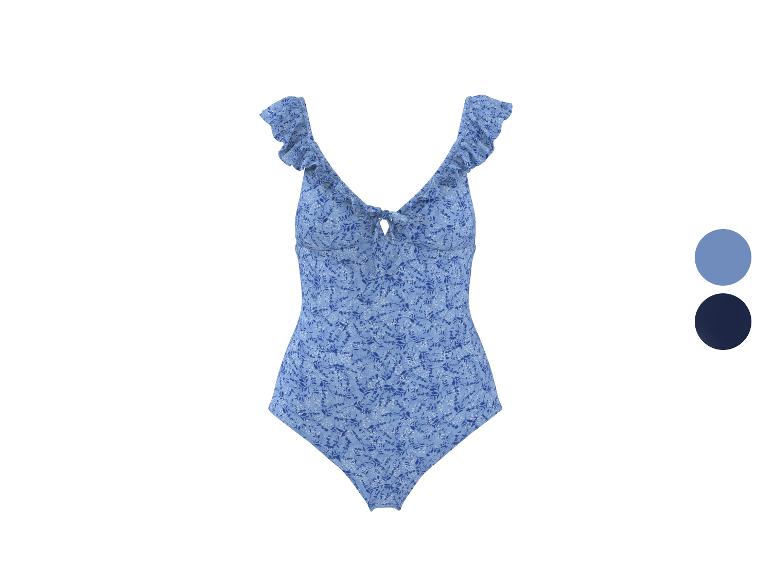 Blauer Badeanzug mit Blumenmuster und Rüschen an den Schultern