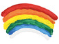 Ein Regenbogen, gemalt mit roter, orangefarbener, gelber, grüner, blauer und weißer Farbe.