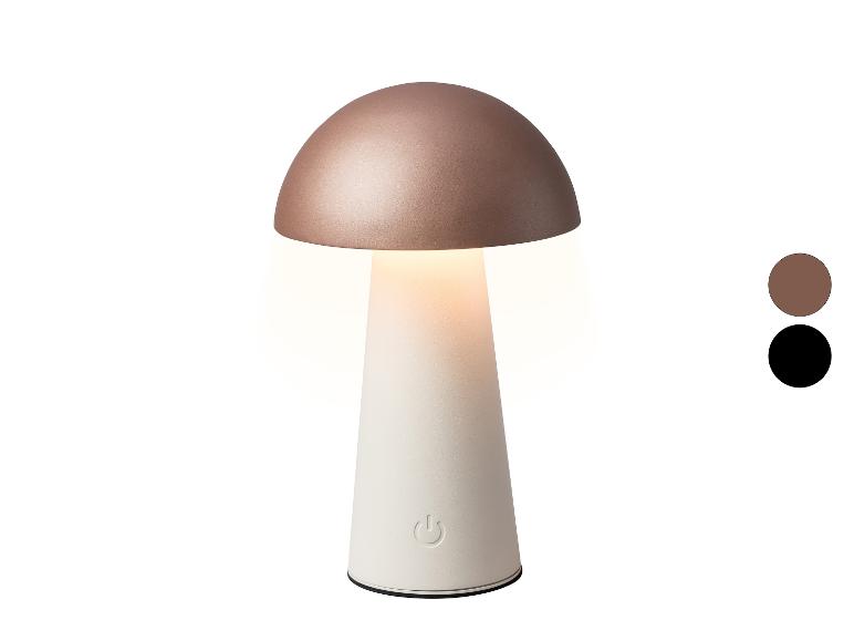 Pilzförmige Tischlampe mit braunem Schirm und cremefarbenem Fuß, mit Ein-/Ausschalter.
