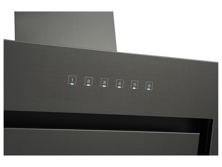 Nahaufnahme einer schwarzen Dunstabzugshaube mit Bedienfeld.