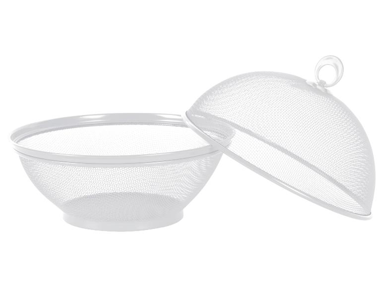 Weiße, durchbrochene Metallschüssel mit Deckel.