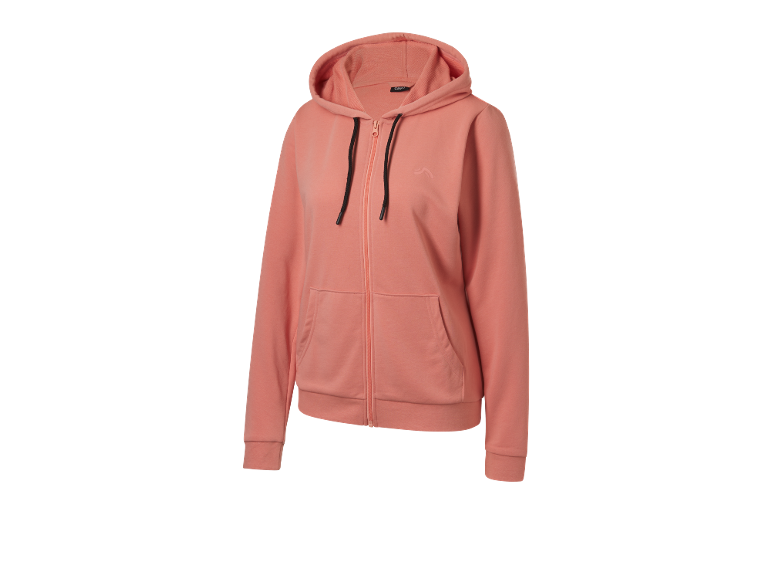 Korallfarbener Damen-Kapuzenpullover mit Reißverschluss und Taschen.