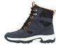 Dunkelblauer und orangefarbener Wanderstiefel mit weißer Sohle.