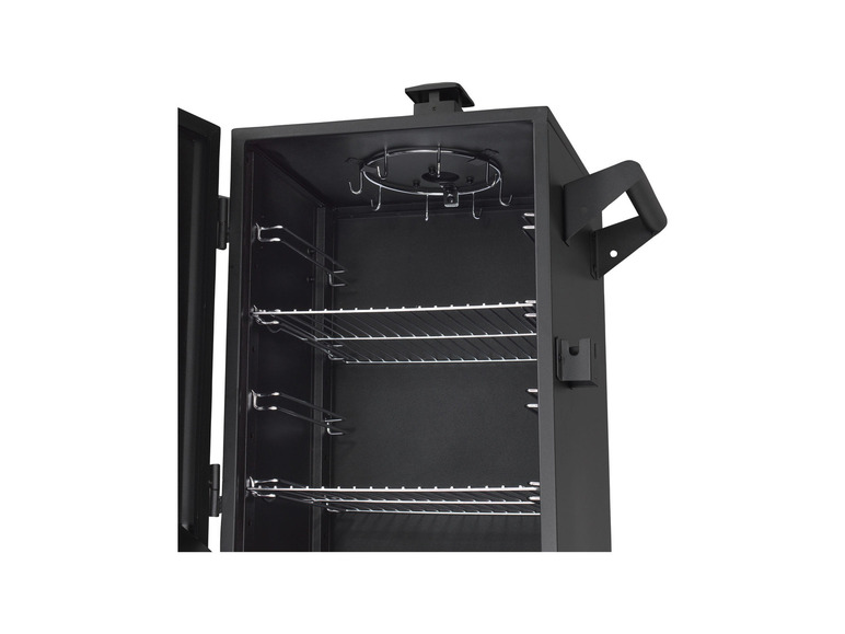 Ein schwarzer Smoker mit mehreren Rosten und Haken