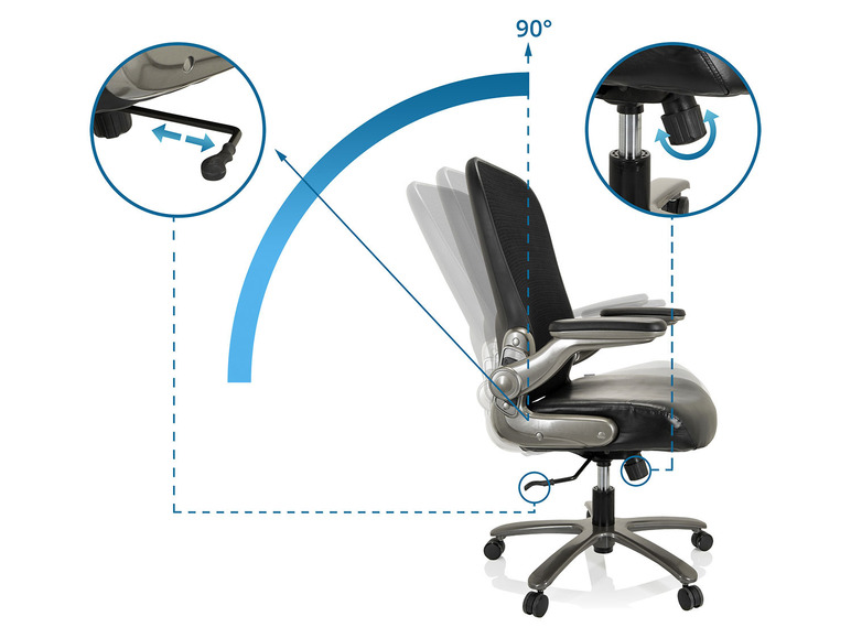 Schwarzer Bürostuhl mit verstellbaren Armlehnen und Drehrollen.