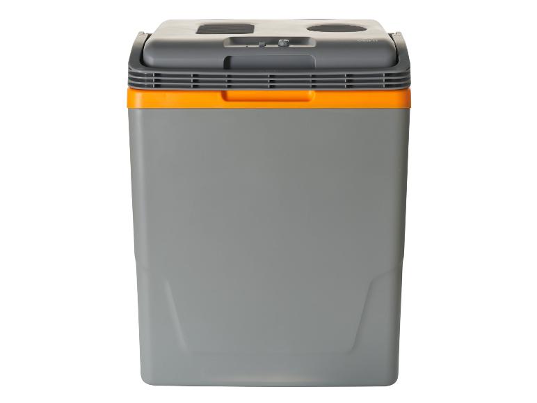 Graue und orangefarbene elektrische Kühlbox mit Griff und Bedienfeld.
