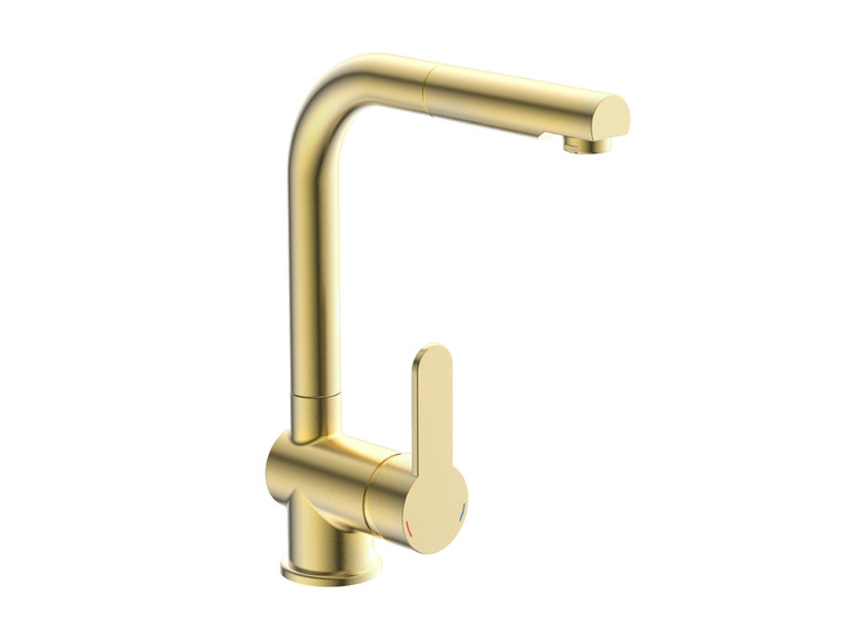 Ein goldfarbener Küchenhahn mit ausziehbarem Auslauf.