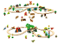 Holzeisenbahn-Set mit Bauernhof- und Dinosaurier-Themen, inklusive Schienen, Fahrzeugen und Figuren.
