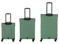 Drei grüne Koffer mit Rollen in verschiedenen Größen.