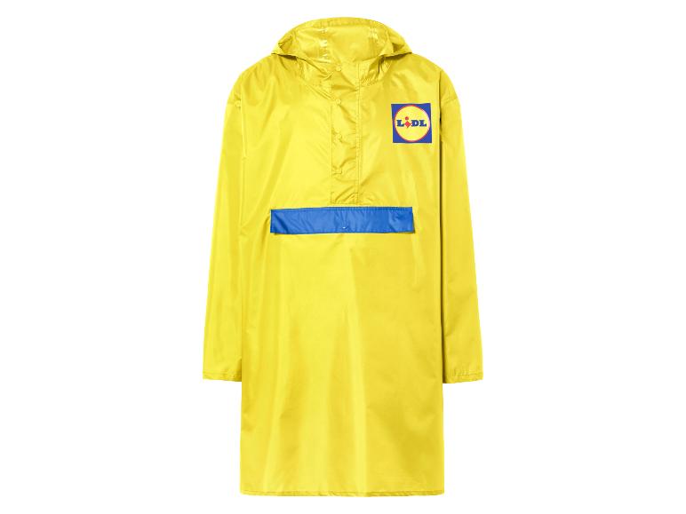Gelbe Lidl Regenjacke mit Kapuze.