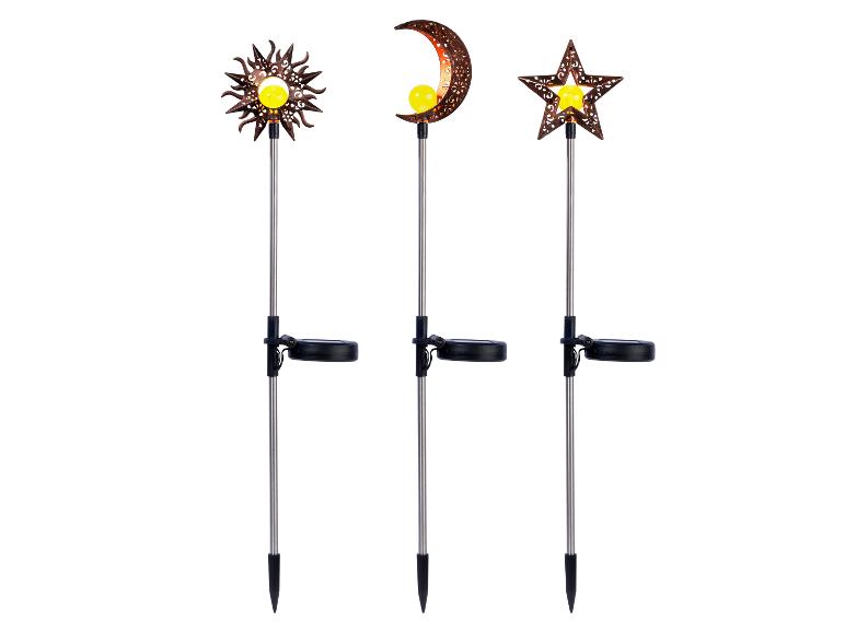 Solar-Gartenleuchten in Form von Sonne, Mond und Stern.