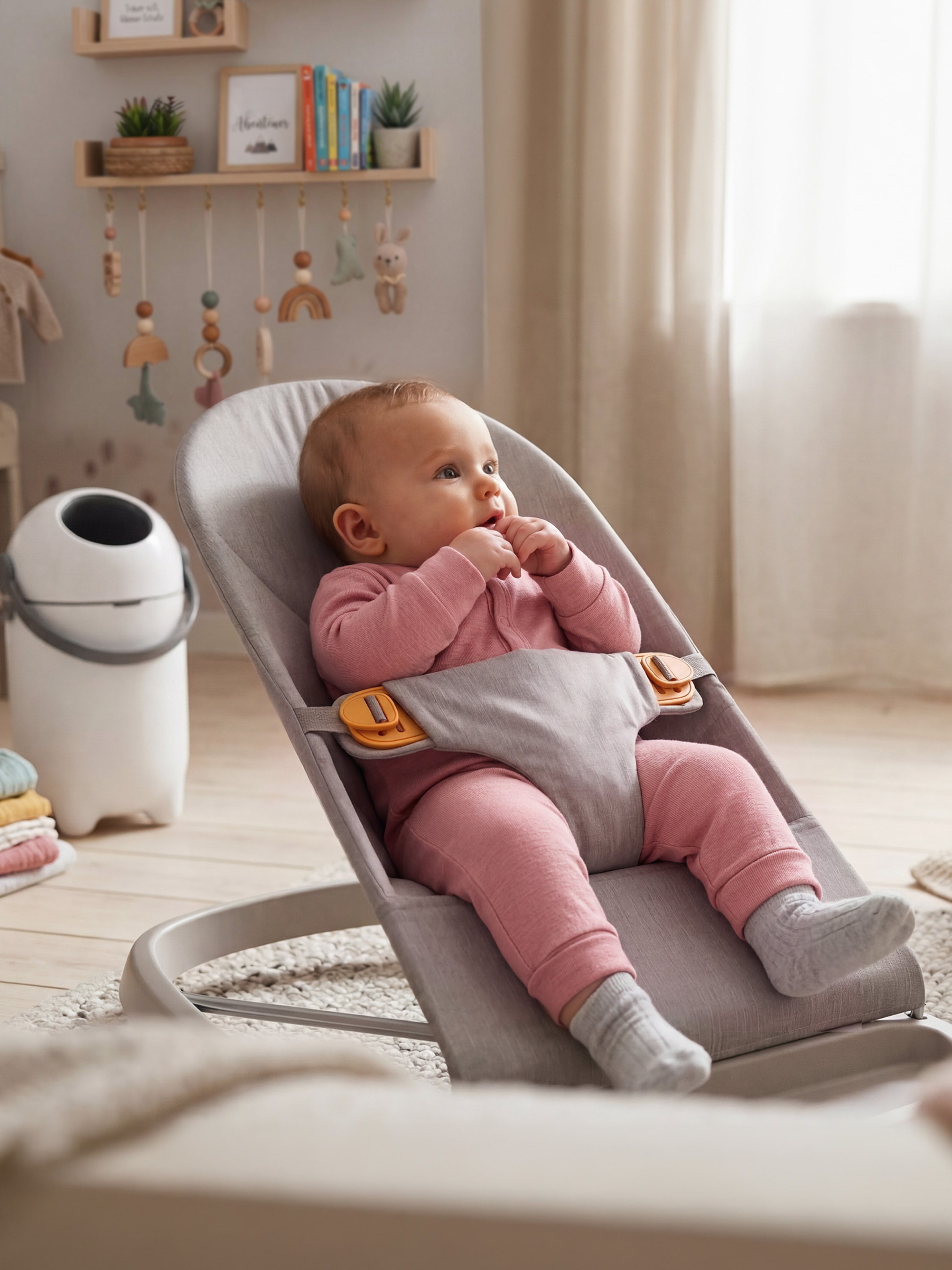 Baby in einer Wippe, mit Kinderzimmerdeko und einem Windeleimer im Hintergrund.