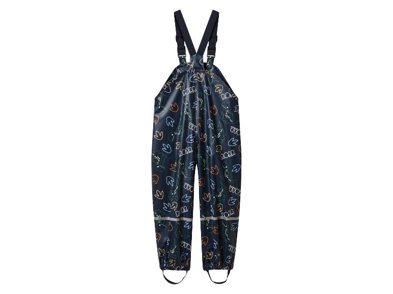 Kinder-Regenhose mit Trägern, Dinosaurier-Muster und „ROAR“-Schriftzug.