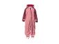 Rosa und bordeauxroter wasserdichter Kinderoverall mit Kapuze und reflektierenden Streifen.