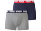 Zwei Paar Puma Boxershorts in Grau und Dunkelblau.