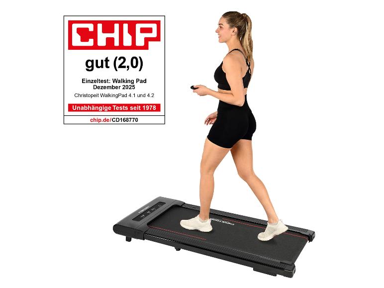 Frau geht auf einem Laufband, mit der Bewertung „gut (2,0)“ und „Einzeltest: Walking Pad“.