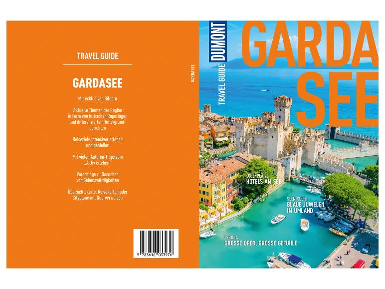 Ein Reiseführer von Dumont für den Gardasee mit Fotos von einer Burg und Booten.