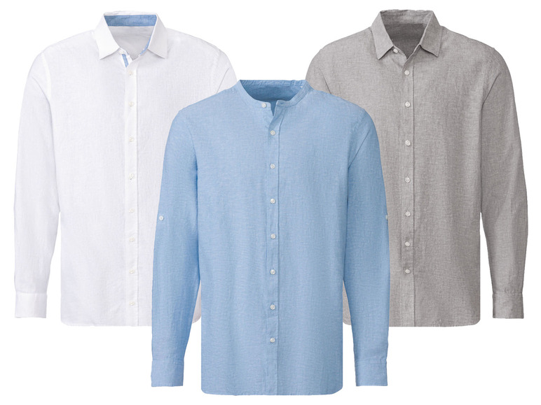 Drei Hemden mit langen Ärmeln: weiß, hellblau und grau.