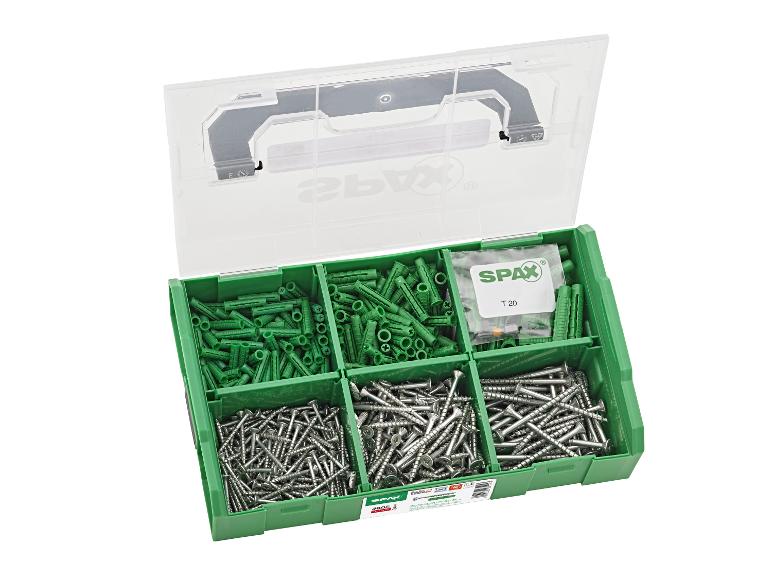 Offene Sortierbox mit grünen Dübeln und silbernen Schrauben.
