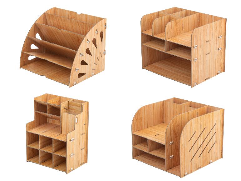 Vier Ansichten eines hölzernen Schreibtisch-Organizers mit mehreren Fächern und Ablagen.