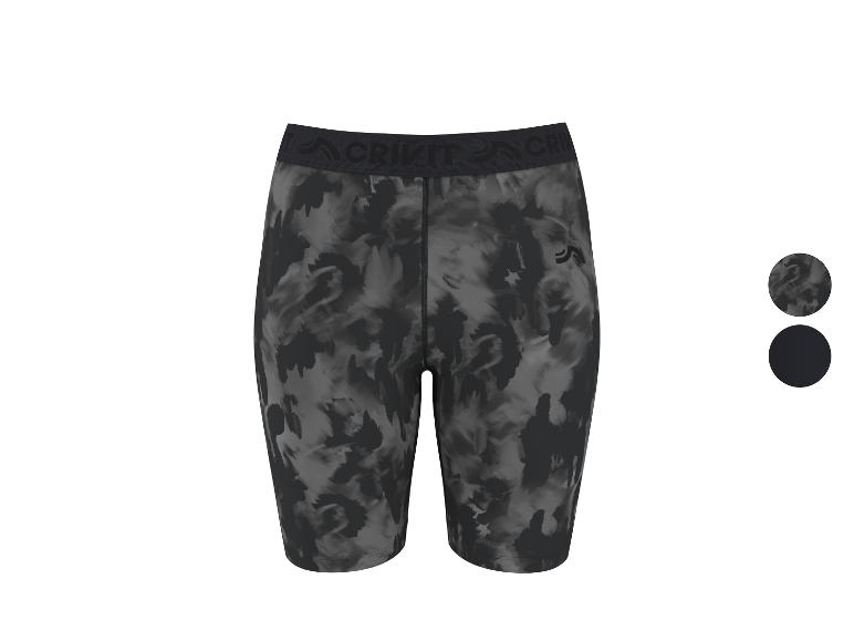 Damen-Sportshorts in Schwarz-Grau mit abstraktem Muster und elastischem Bund.
